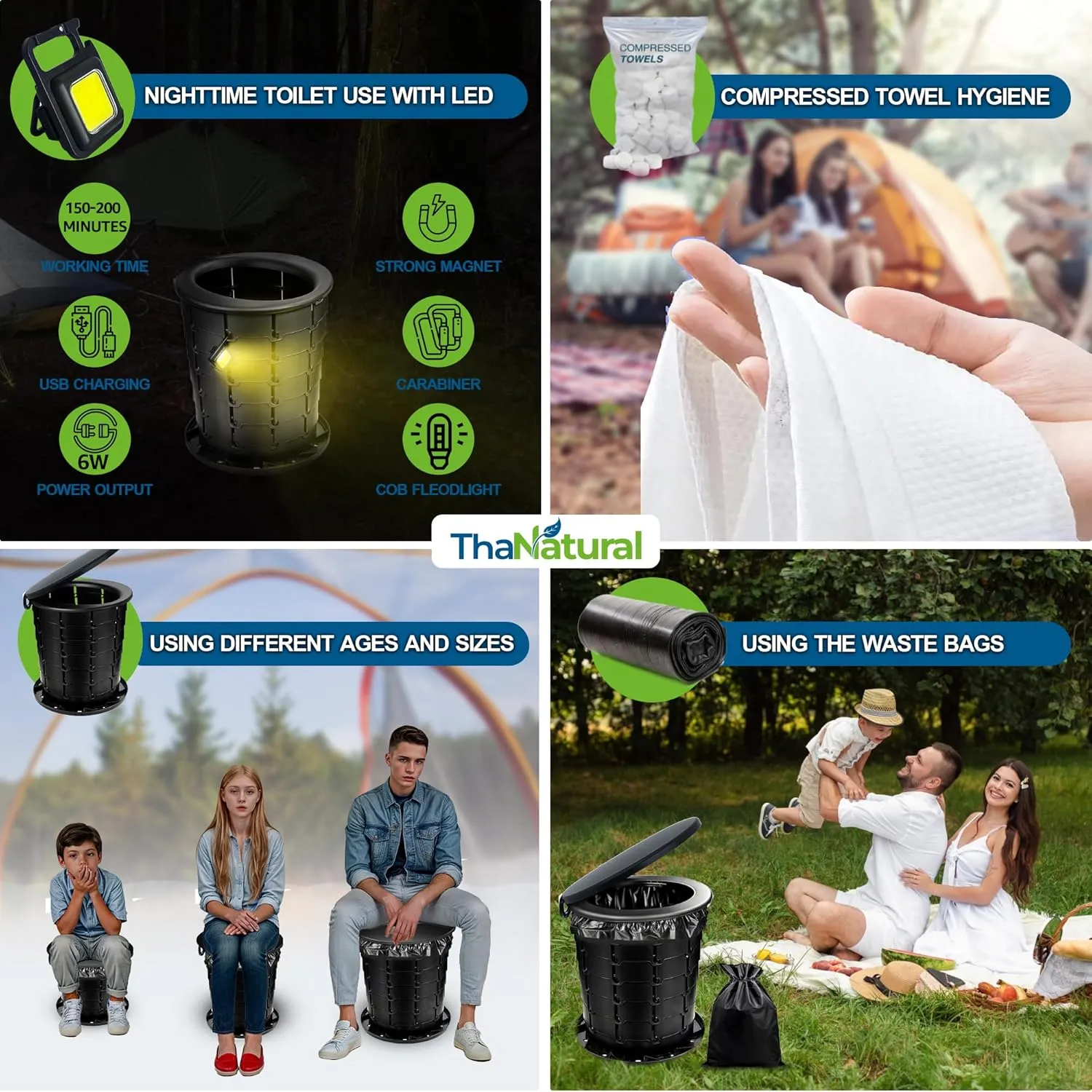 𝐓𝐡𝐚𝐍𝐚𝐭𝐮𝐫𝐚𝐥 𝐗𝐋 𝐏𝐨𝐫𝐭𝐚𝐛𝐥𝐞 𝐓𝐨𝐢𝐥𝐞𝐭 – 16'' Tall Folding Camp Potty with Lid, Lightweight Travel Toilet for Adults, Compact Seat for Camping, Hiking, Road Trips & Emergencies