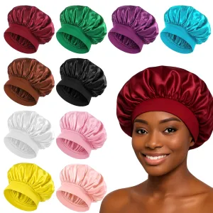 10 Pcs Large Sleeping Bonnet with Elastic Wide Band, Satin Head Wrap for Sleeping Traveling, 10 Colors Adjustable Shower Cap Bonnet for Hair Protection, Hair Bonnets for Washing Makeup Bathing