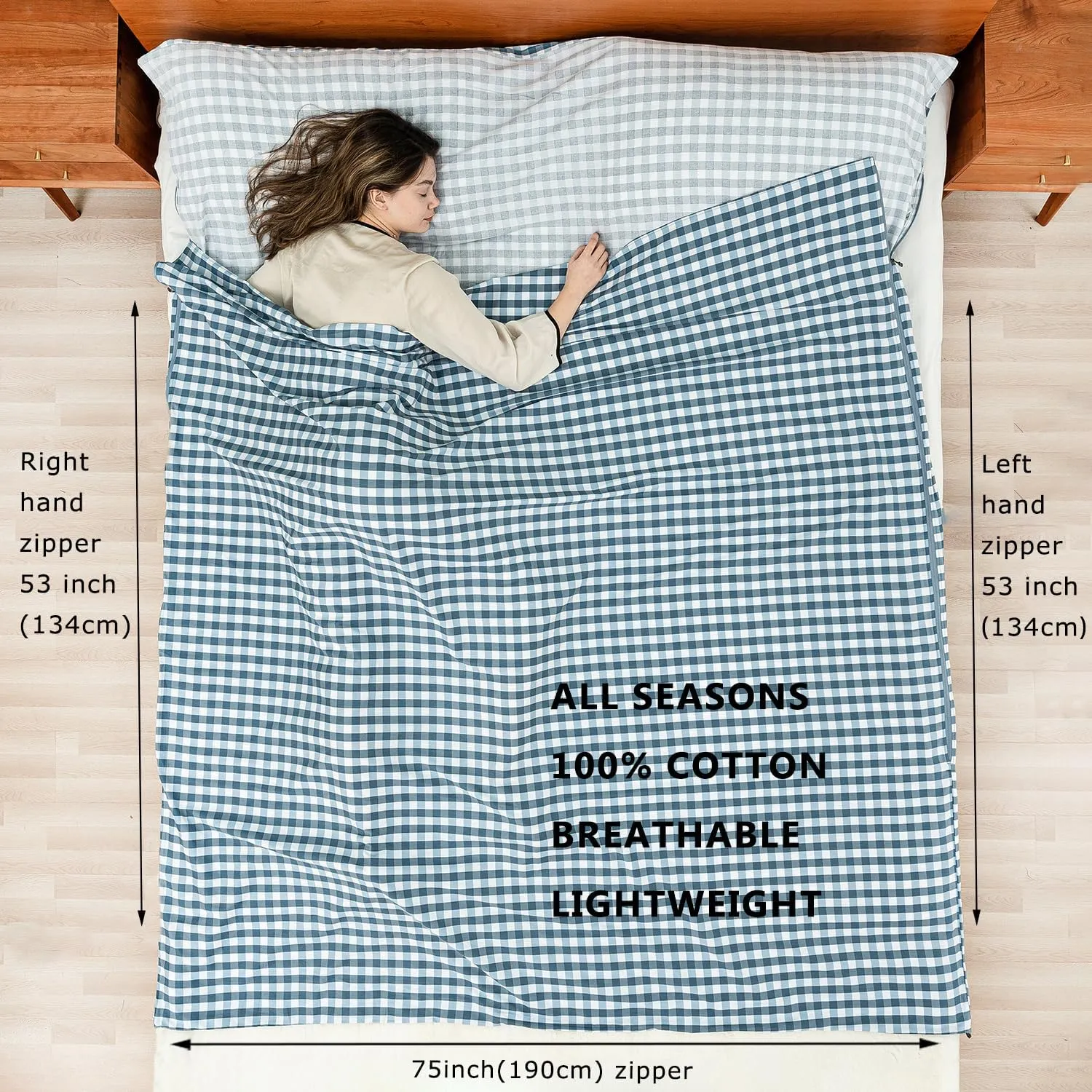 100% Cotton Sleeping Bag Liner with Full Length Zipper on 3 Sides; Single/Double Adult Sleep Sack for Travel & Camping, Multifunctional Travel Sheets (Unzipped 87”x87”) for Hotel, Lightweight