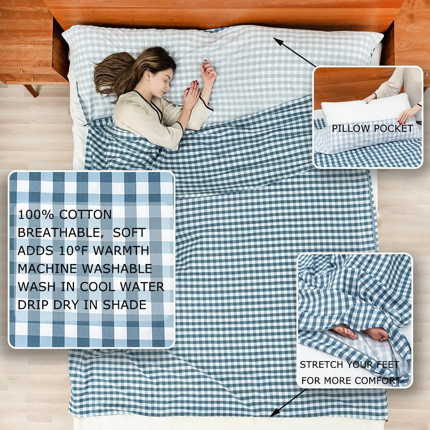 100% Cotton Sleeping Bag Liner with Full Length Zipper on 3 Sides; Single/Double Adult Sleep Sack for Travel & Camping, Multifunctional Travel Sheets (Unzipped 87”x87”) for Hotel, Lightweight