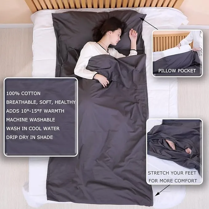 100% Cotton Sleeping Bag Liner with Full Length Zipper on 3 Sides; Single/Double Adult Sleep Sack for Travel & Camping, Multifunctional Travel Sheets (Unzipped 87”x87”) for Hotel, Lightweight
