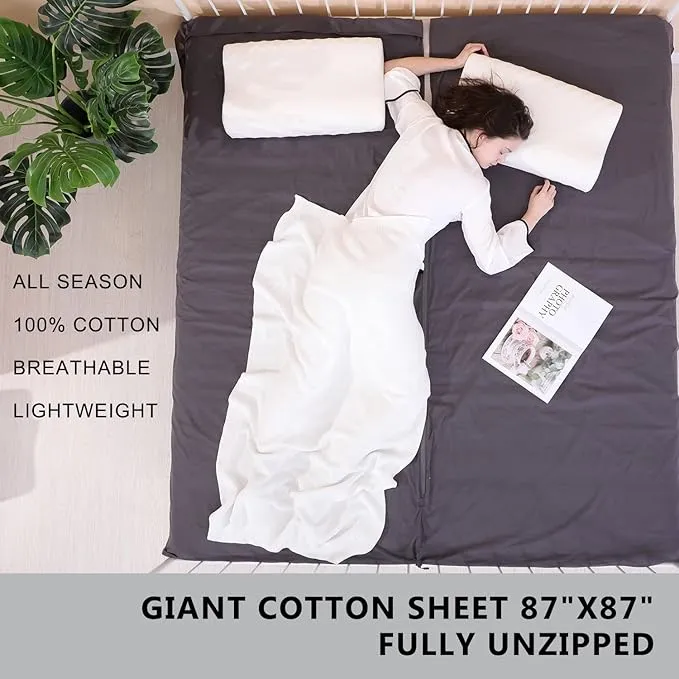 100% Cotton Sleeping Bag Liner with Full Length Zipper on 3 Sides; Single/Double Adult Sleep Sack for Travel & Camping, Multifunctional Travel Sheets (Unzipped 87”x87”) for Hotel, Lightweight