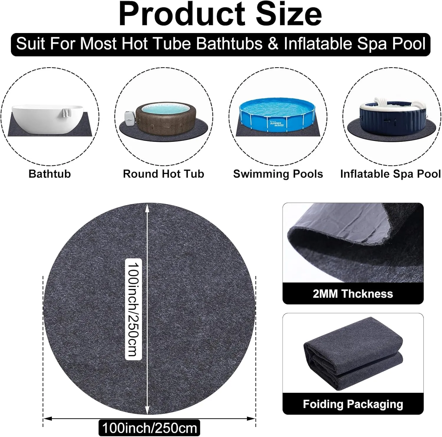 100 Inch Dia Round Inflatable Hot Tub Mat ，Absorbent Spa Pool Ground Base Flooring Protector Mat - Waterproof Slip-Proof Backing for Protect Hot Tub Pool from Wear in Outdoor Indoor