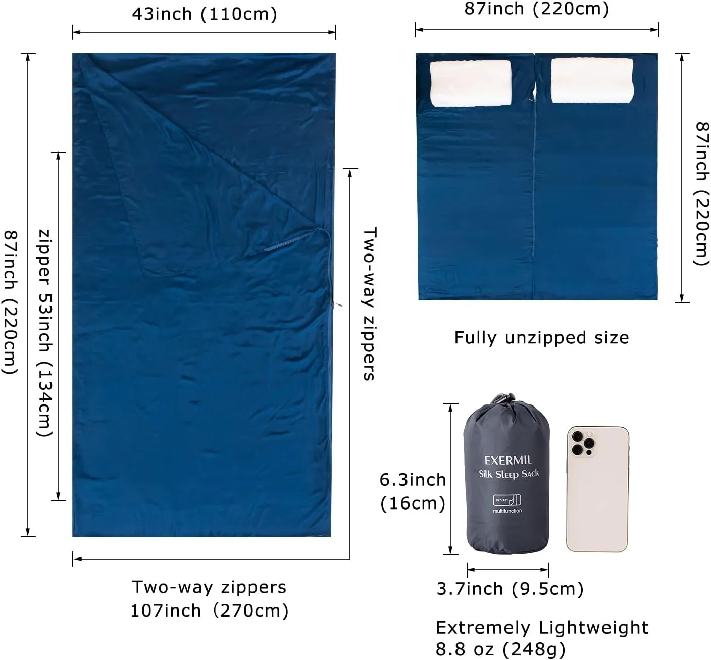 100% Silk Sleep Sack with Zippers on 3 Sides, 87”x43” Large Sleeping Liners for Hotels, Travel & Camping, Multifunctional Travel Sheets (Unzipped:87”x87”) for Adults, Lightweight, All Seasons