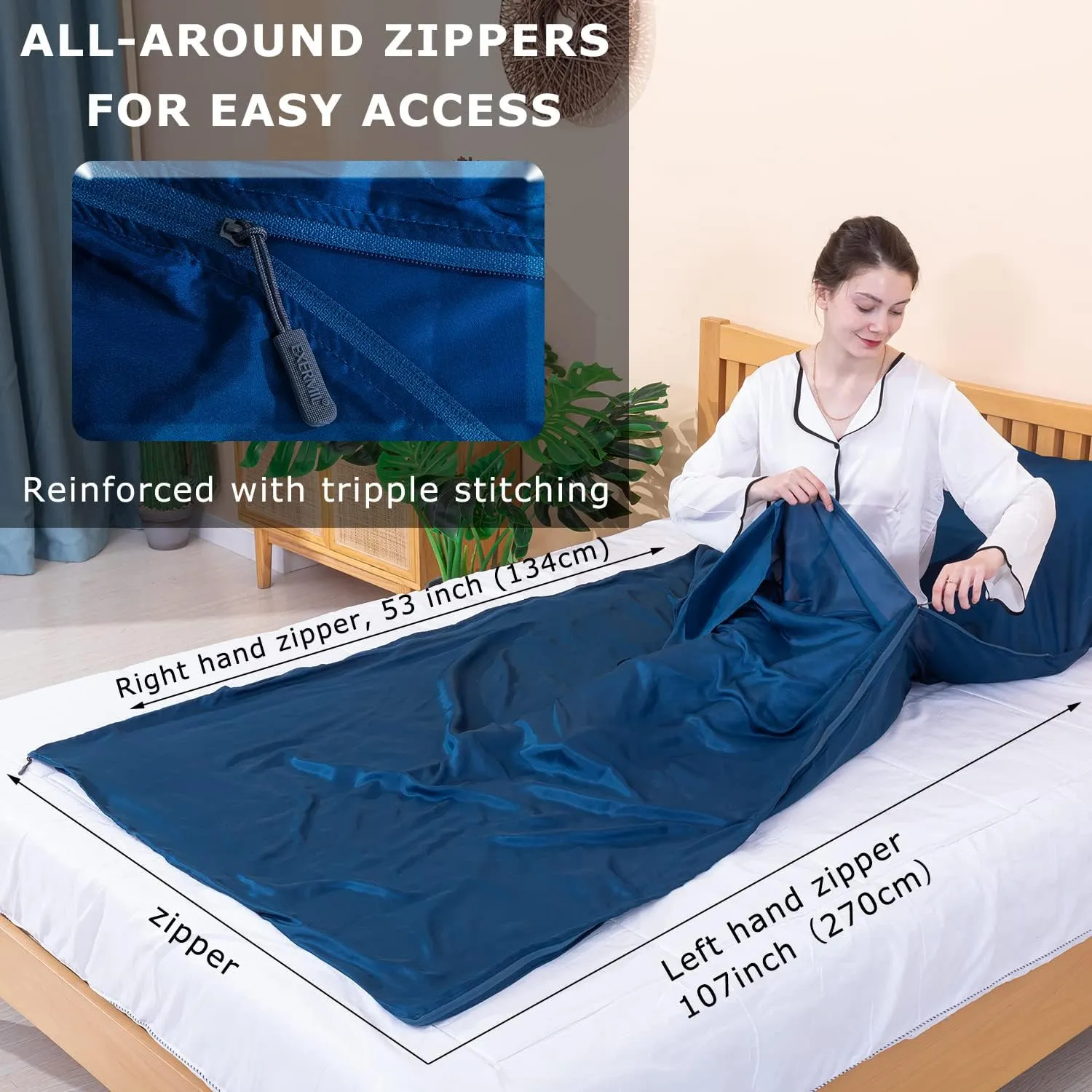 100% Silk Sleep Sack with Zippers on 3 Sides, 87”x43” Large Sleeping Liners for Hotels, Travel & Camping, Multifunctional Travel Sheets (Unzipped:87”x87”) for Adults, Lightweight, All Seasons