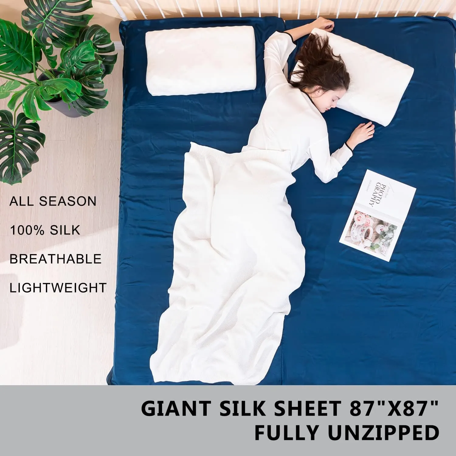 100% Silk Sleep Sack with Zippers on 3 Sides, 87”x43” Large Sleeping Liners for Hotels, Travel & Camping, Multifunctional Travel Sheets (Unzipped:87”x87”) for Adults, Lightweight, All Seasons