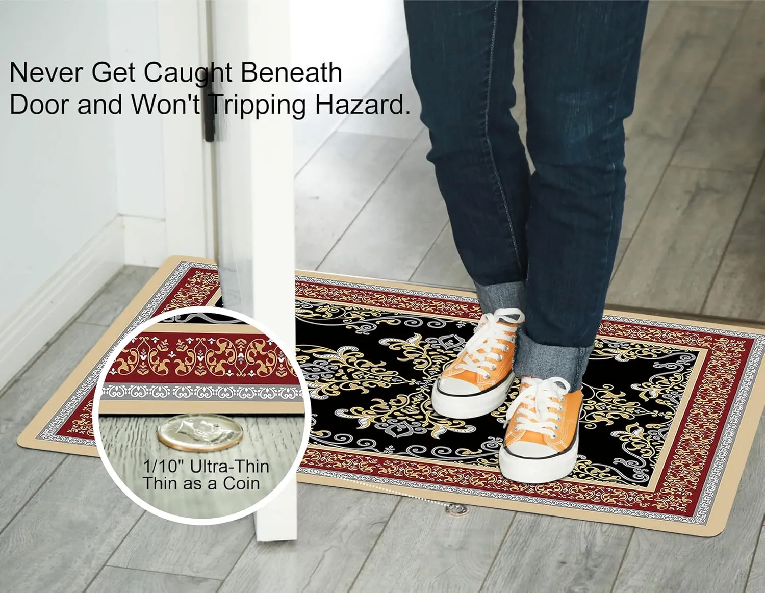 1/10 Inch Ultra Thin 24"×35" Large Front Door Mat Indoor Entrance Inside Non Slip, Waterproof Rubber Kitchen Mat and Interior Home Washable Door Mat, Boho Red