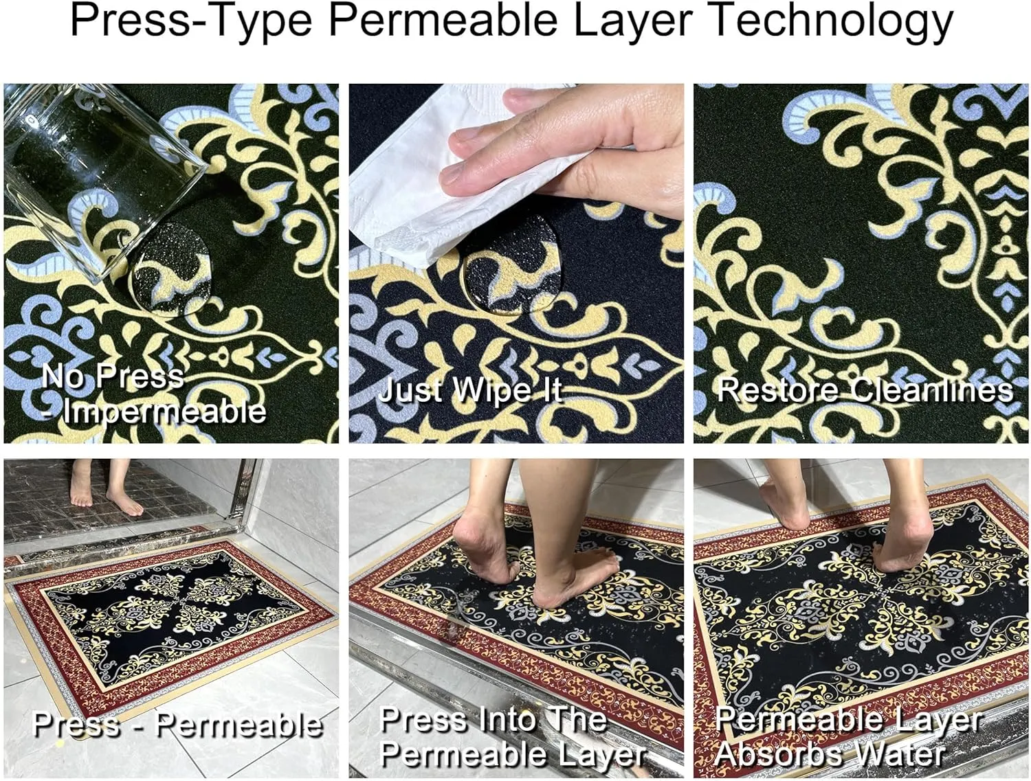 1/10 Inch Ultra Thin 24"×35" Large Front Door Mat Indoor Entrance Inside Non Slip, Waterproof Rubber Kitchen Mat and Interior Home Washable Door Mat, Boho Red