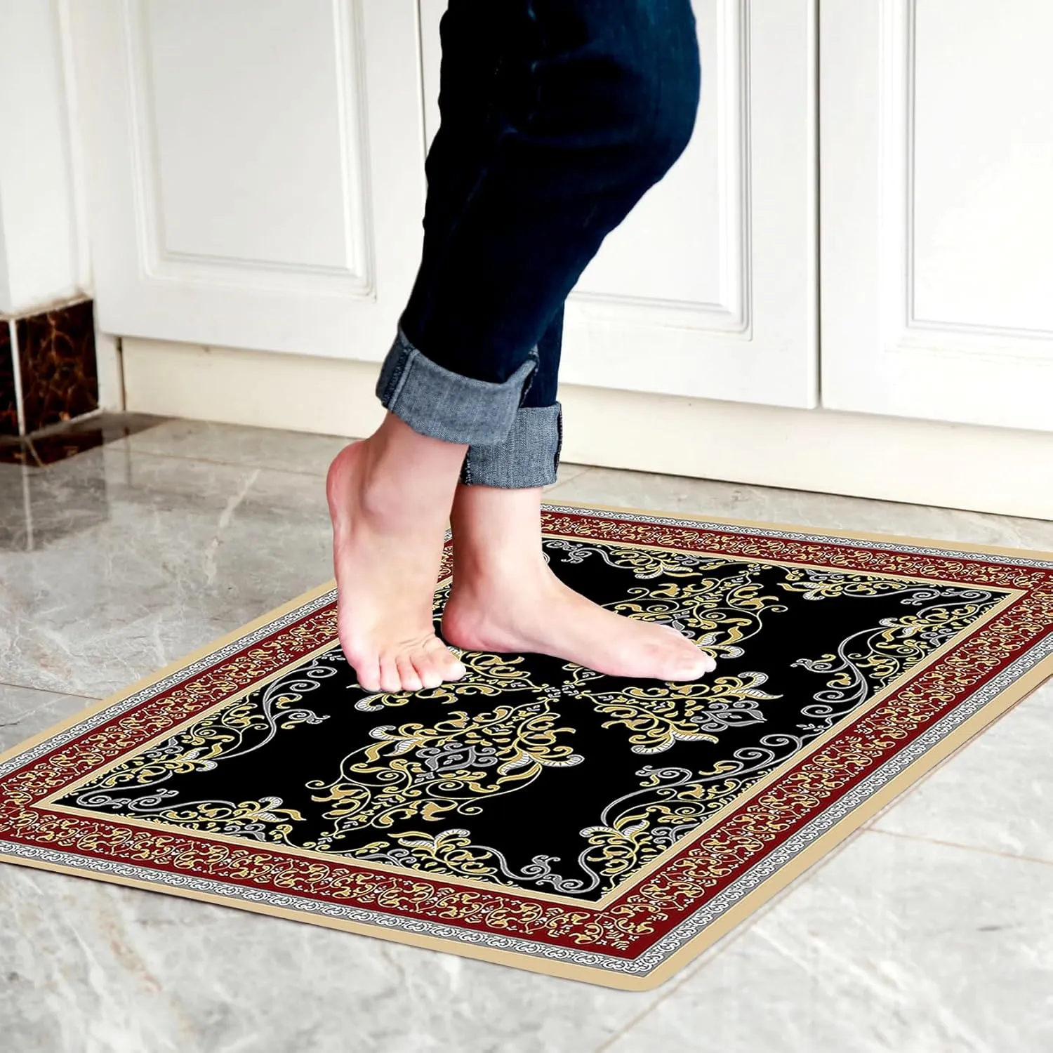 1/10 Inch Ultra Thin 24"×35" Large Front Door Mat Indoor Entrance Inside Non Slip, Waterproof Rubber Kitchen Mat and Interior Home Washable Door Mat, Boho Red