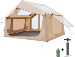 12x7.5 FT Large Inflatable Tent with Stove Jack, 8-10 Person Camping Tent with Electric Air Pump, Clear Skylight & Stove Jack, 420D Oxford Waterproof, Air Tent with Mesh Windows/Doors