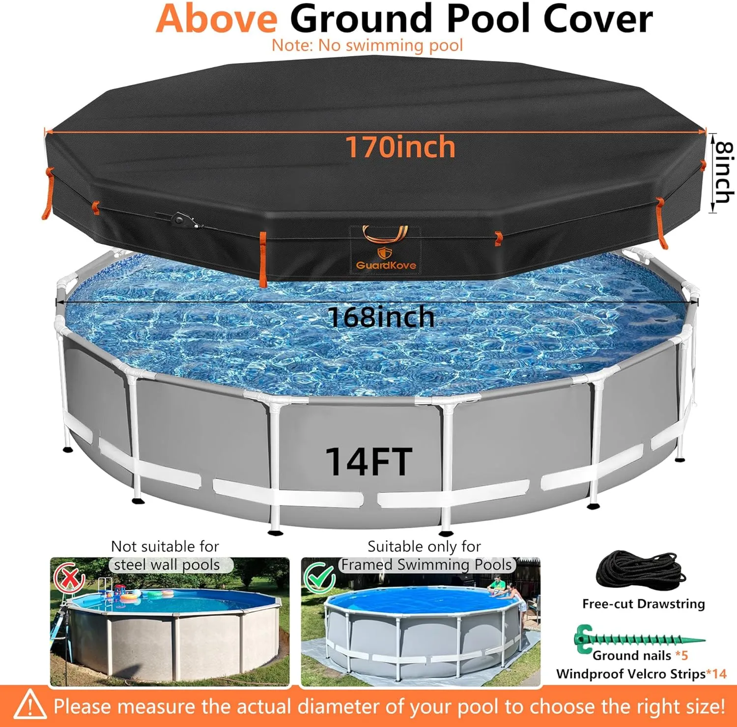 14Ft Round Pool Cover [2025 Upgraded Triple Top Windproof] for Above Ground Pools [UV & Tear Resistant] 500D Waterproof Swimming Pool Cover with Enhanced Ratchet Cord, Windproof Strips & Ground Nails