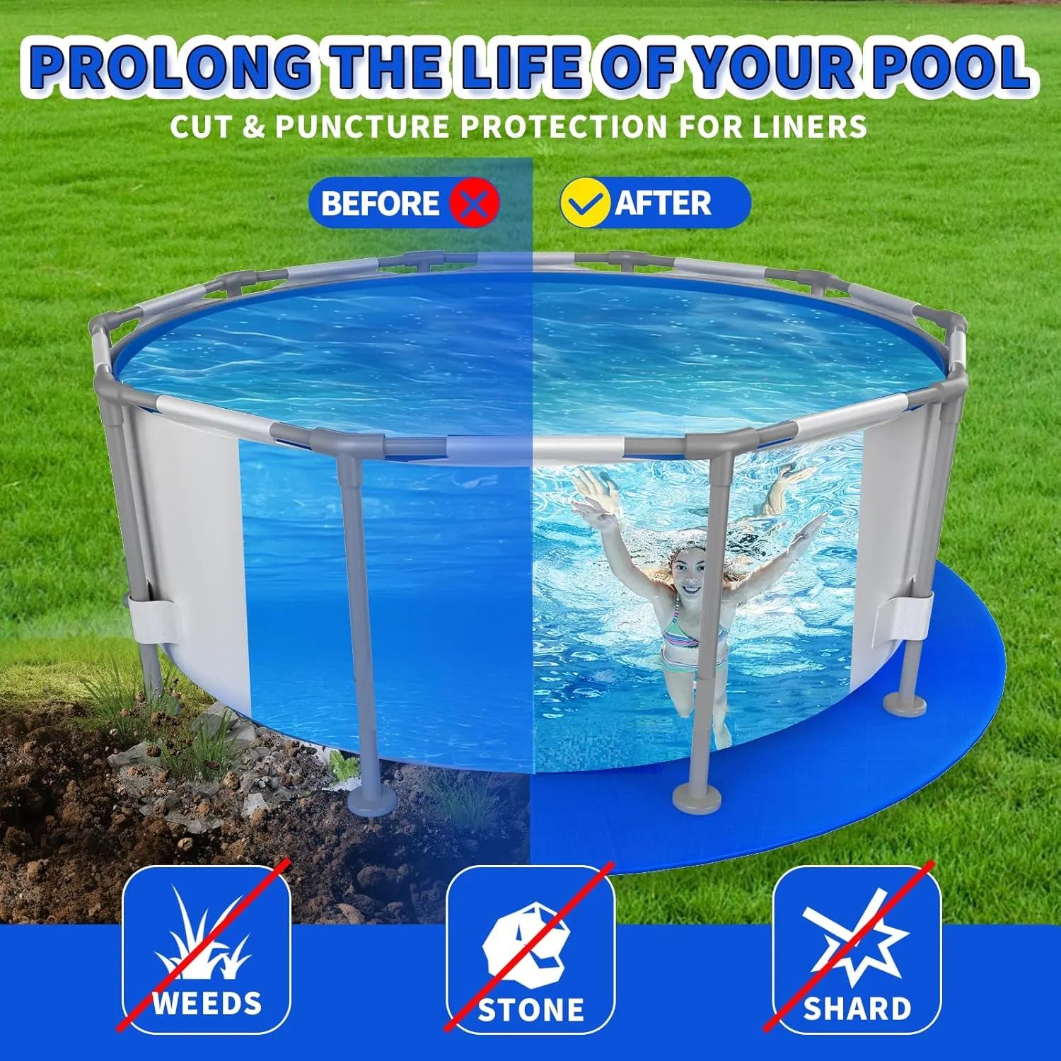 15FT Round Pool Liner Pad for Above Ground Pools, Thickened Puncture-Resistant Under Mat, Heavy-Duty Underlayment, Outdoor Tarp Protector for Concrete/Lawn, Pool Floor Base Pad, Extends Liner Life