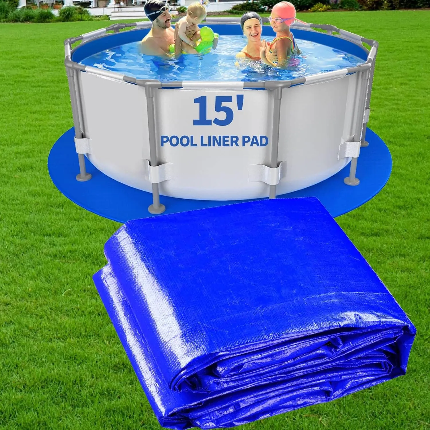 15FT Round Pool Liner Pad for Above Ground Pools, Thickened Puncture-Resistant Under Mat, Heavy-Duty Underlayment, Outdoor Tarp Protector for Concrete/Lawn, Pool Floor Base Pad, Extends Liner Life