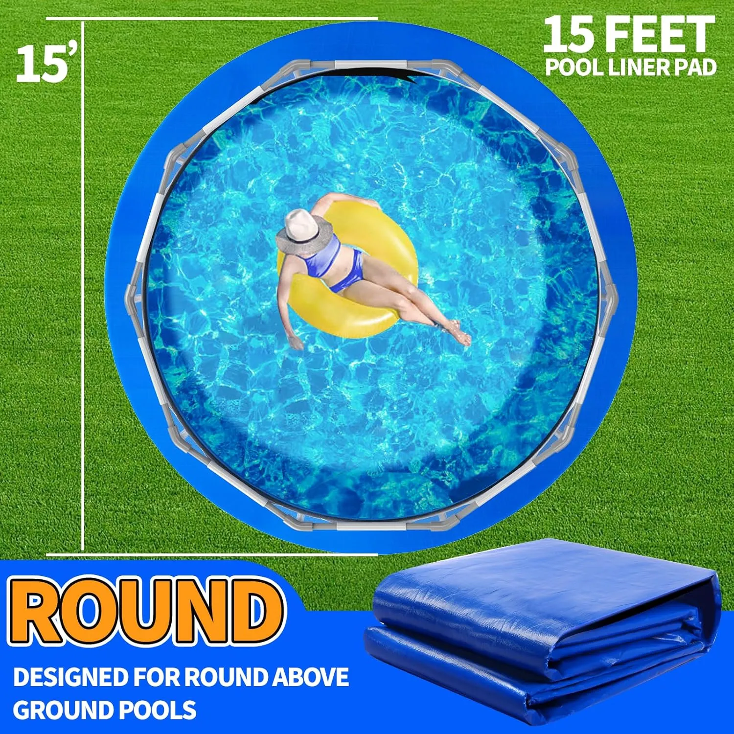 15FT Round Pool Liner Pad for Above Ground Pools, Thickened Puncture-Resistant Under Mat, Heavy-Duty Underlayment, Outdoor Tarp Protector for Concrete/Lawn, Pool Floor Base Pad, Extends Liner Life