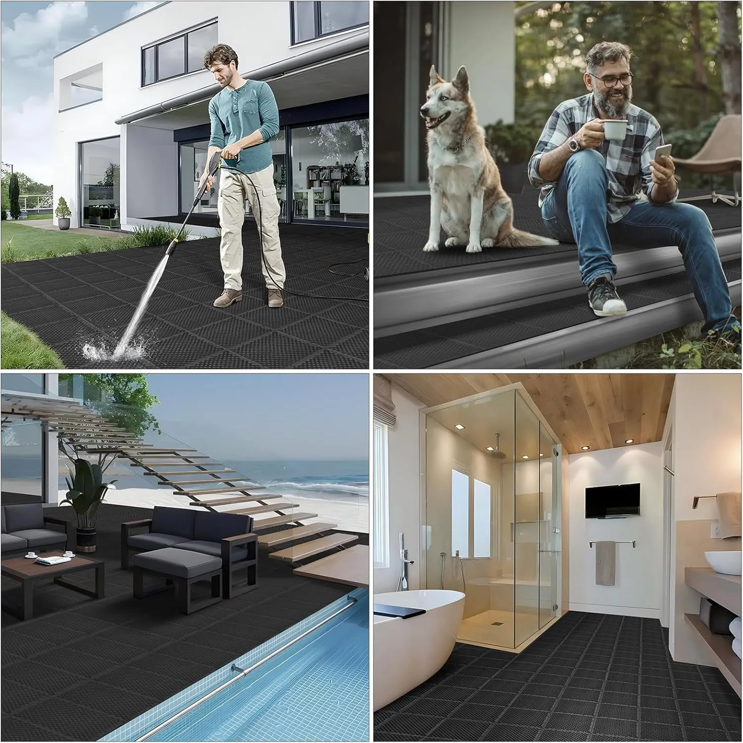 16 PCS Modular Interlocking Cushion Interlocking Floor Tiles with Hole Drainage Tiles Mat 10" x 10" Non Slip Pool Deck Mat Outdoor for Drain Deck Pool Patio Shower Kitchen Balcony(Black)