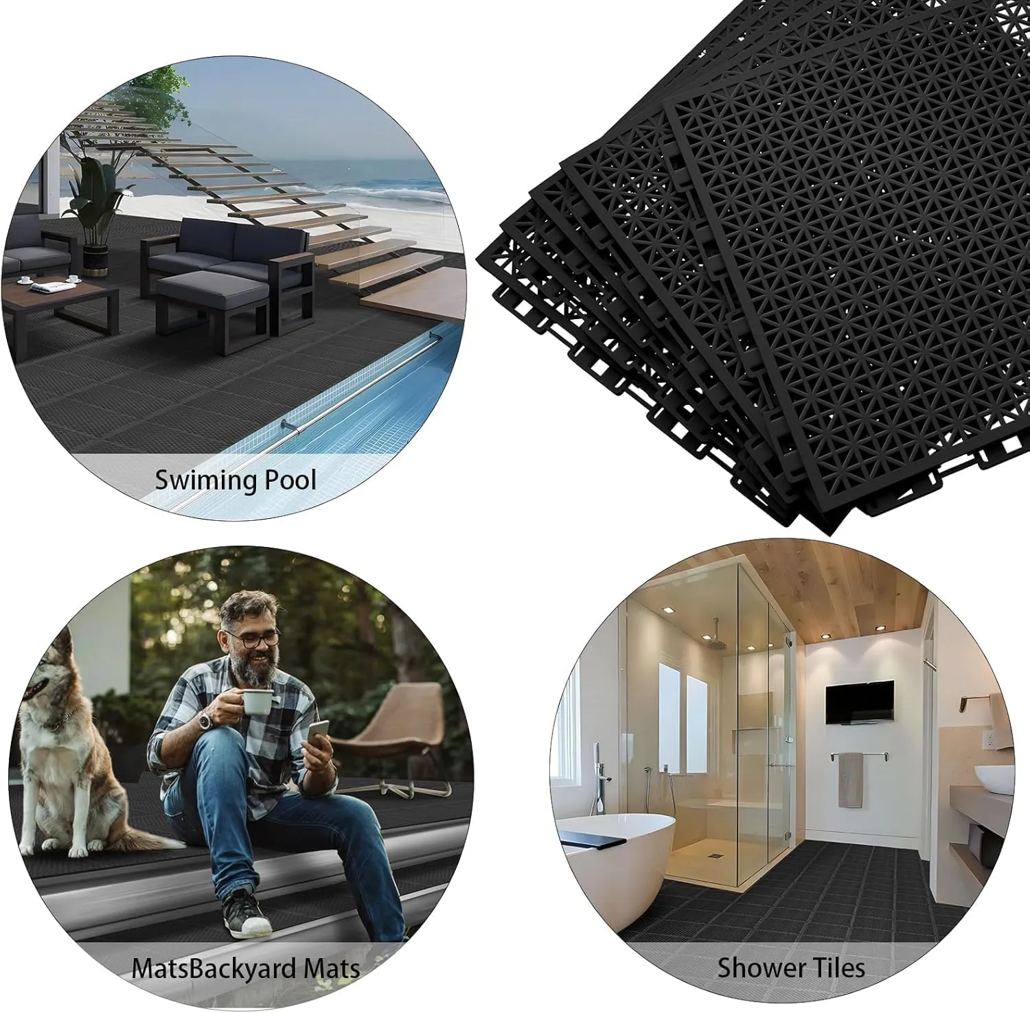 16 PCS Modular Interlocking Cushion Interlocking Floor Tiles with Hole Drainage Tiles Mat 10" x 10" Non Slip Pool Deck Mat Outdoor for Drain Deck Pool Patio Shower Kitchen Balcony(Black)