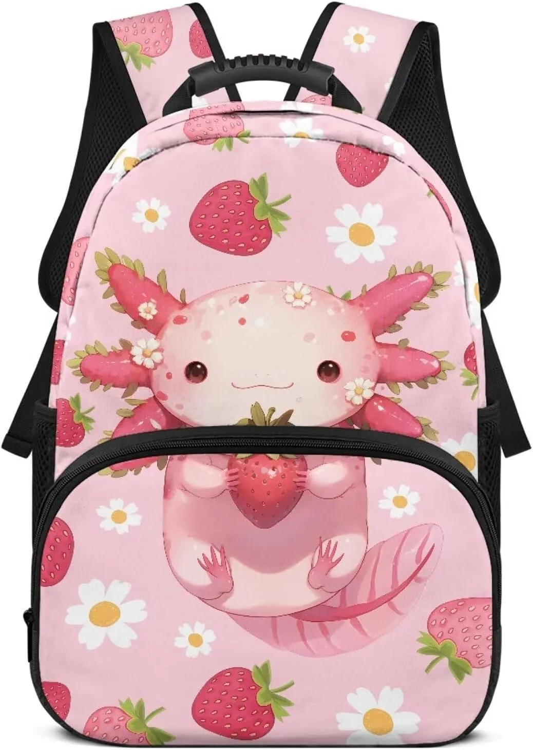 17 Inch Backpack Lightweight Bookbag Large Capacity Schoolbag Axolotl Strawberry Flower Daypack for Back to School Teen Girls Boys Travel Camping