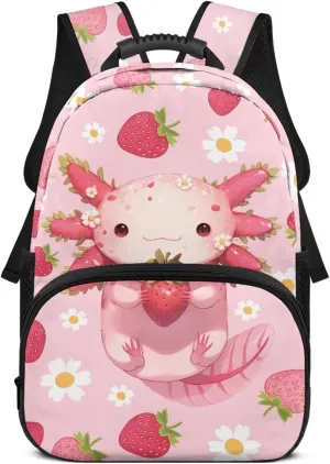 17 Inch Backpack Lightweight Bookbag Large Capacity Schoolbag Axolotl Strawberry Flower Daypack for Back to School Teen Girls Boys Travel Camping