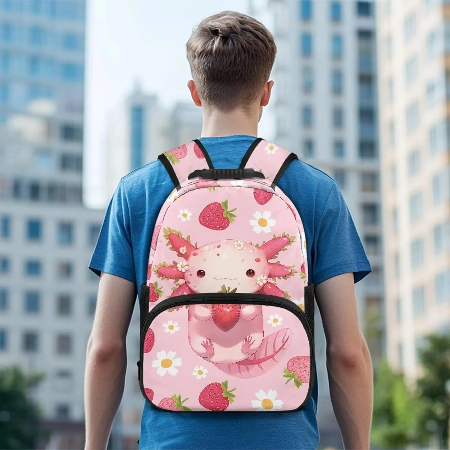 17 Inch Backpack Lightweight Bookbag Large Capacity Schoolbag Axolotl Strawberry Flower Daypack for Back to School Teen Girls Boys Travel Camping