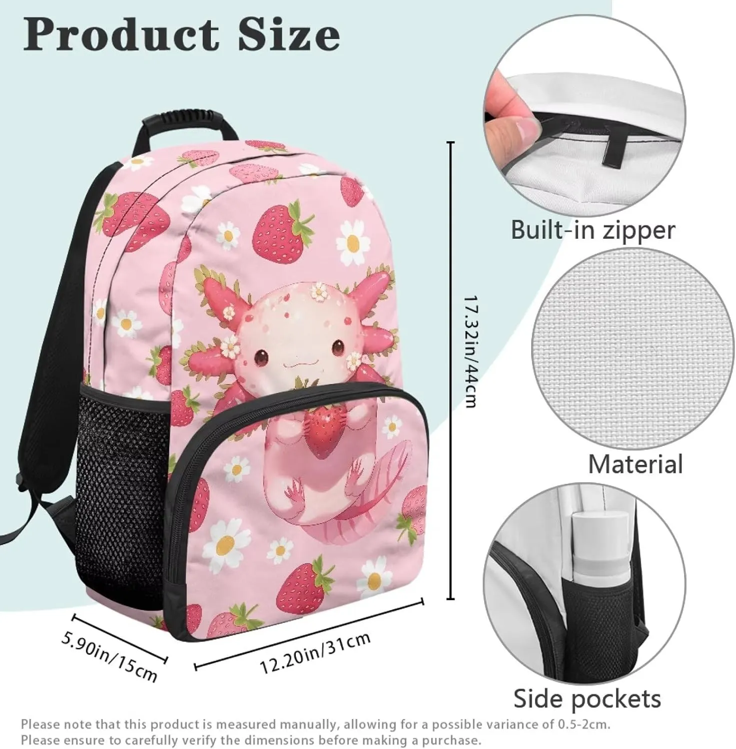 17 Inch Backpack Lightweight Bookbag Large Capacity Schoolbag Axolotl Strawberry Flower Daypack for Back to School Teen Girls Boys Travel Camping