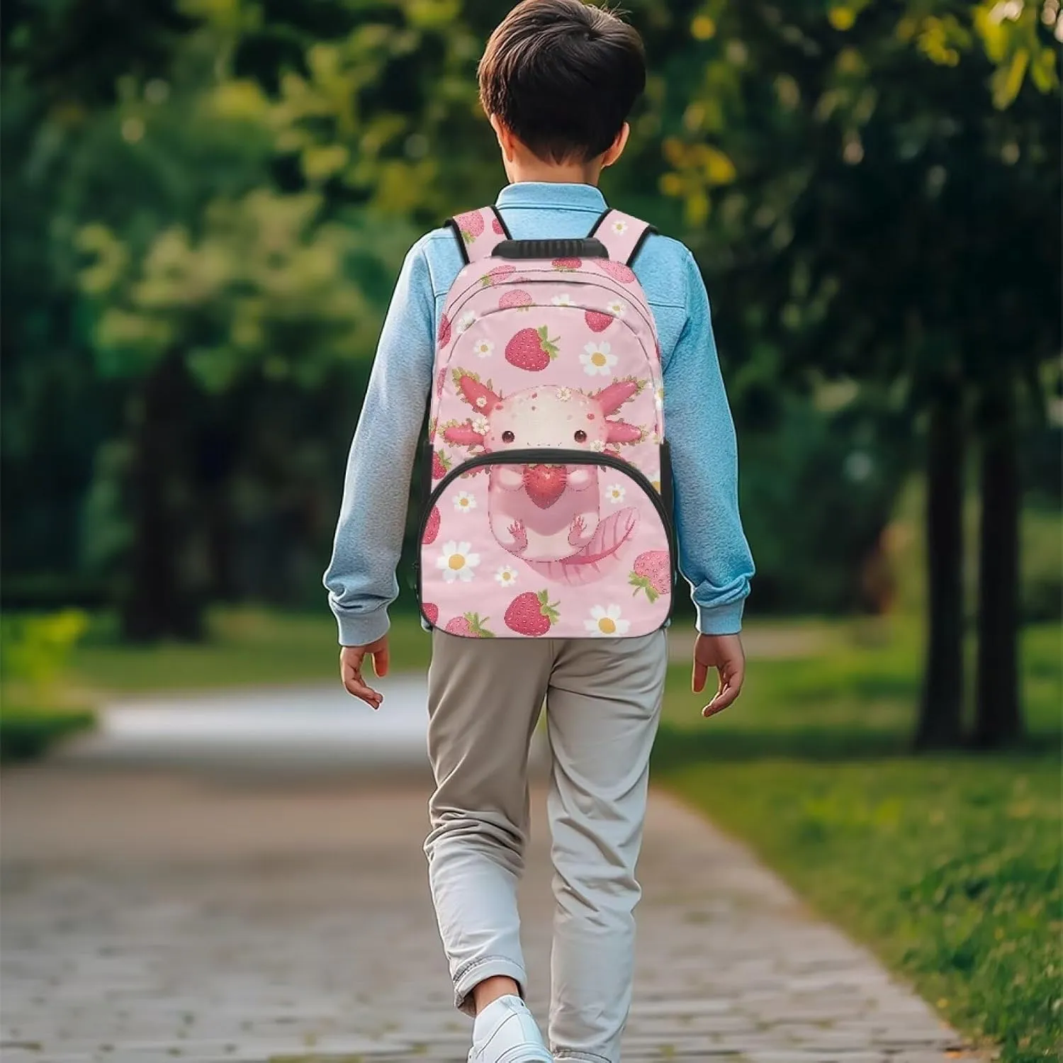 17 Inch Backpack Lightweight Bookbag Large Capacity Schoolbag Axolotl Strawberry Flower Daypack for Back to School Teen Girls Boys Travel Camping