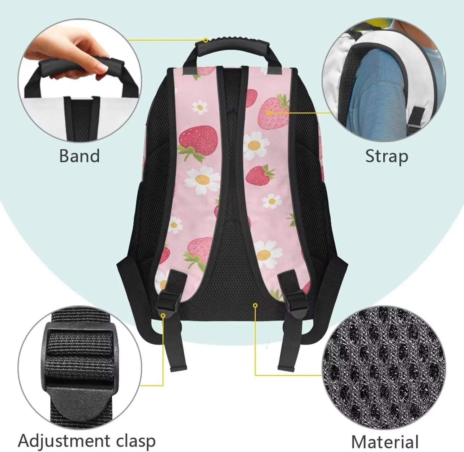 17 Inch Backpack Lightweight Bookbag Large Capacity Schoolbag Axolotl Strawberry Flower Daypack for Back to School Teen Girls Boys Travel Camping