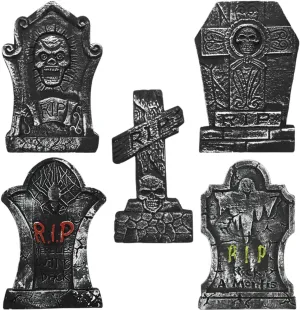 17" Halloween Foam RIP Graveyard Tombstones, 5Pcs Yard Sign Headstone Decorations with 10Pcs Metal Stakes for Halloween Haunted House Yard Lawn Decorations