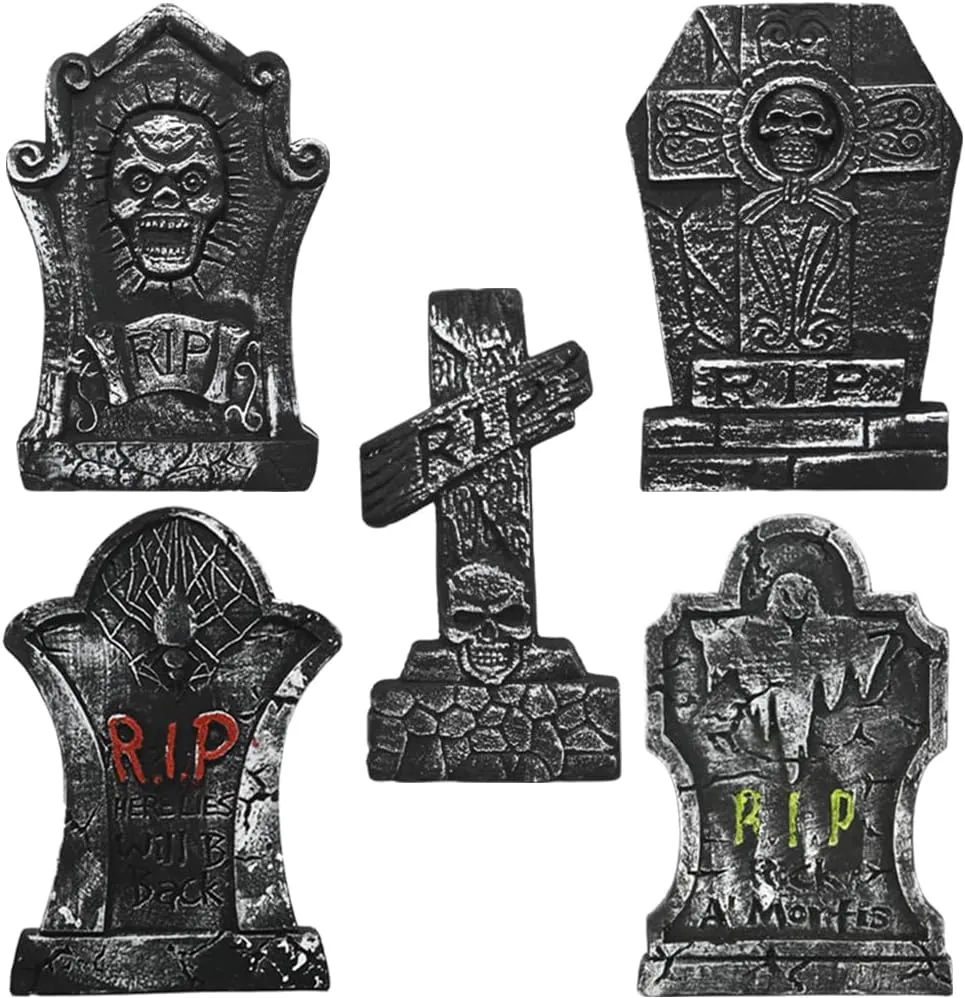 17" Halloween Foam RIP Graveyard Tombstones, 5Pcs Yard Sign Headstone Decorations with 10Pcs Metal Stakes for Halloween Haunted House Yard Lawn Decorations