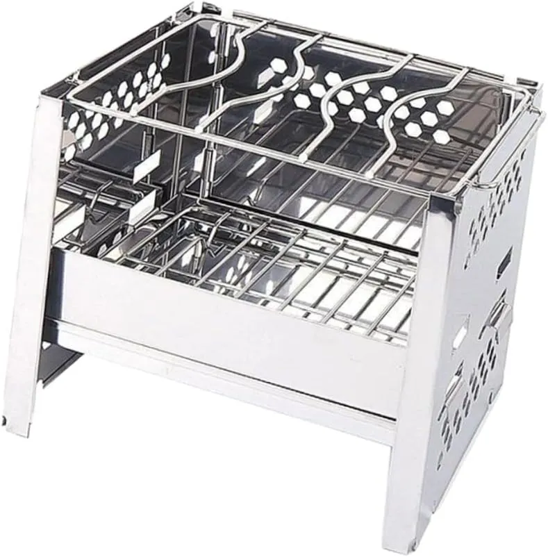 1Pc Mini Stainless Steel Portable Collapsible Bbq Grill for Outdoor Camping Hiking Picnics Durable Burning Stove with High Temperature Resistance Efficient Airflow Design Silver