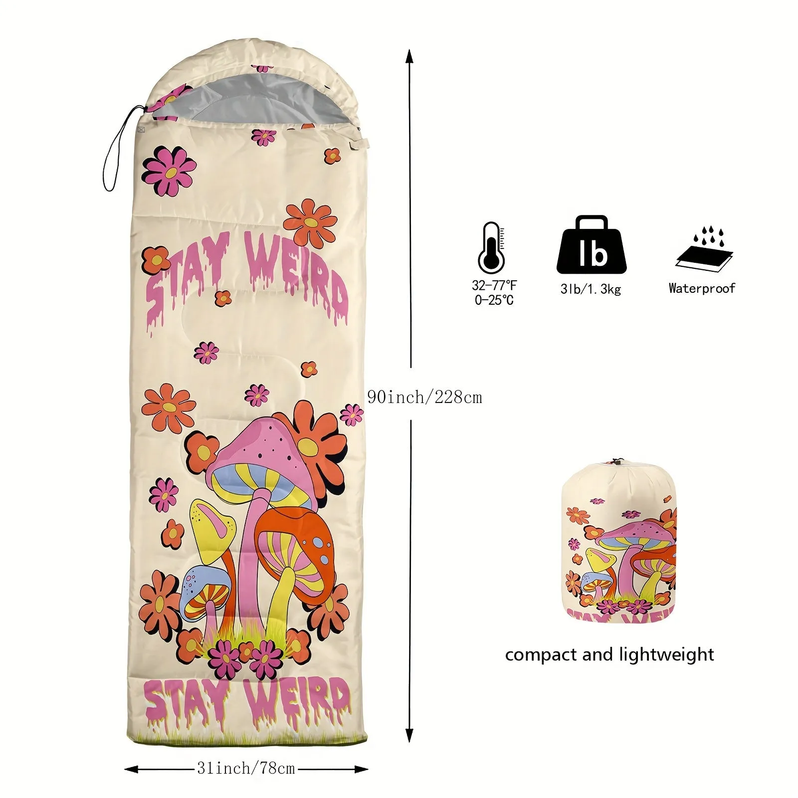 1Pc Mushroom Camping Sleeping Bag, Portable Waterproof Pink Flower Wild Fungus Sleeping Bag For All Seasons, Lightweight Warm Quilt Sleeping Bag With Compression Sack Suitable For Outdoor Hiking, Camping And Mountaineering