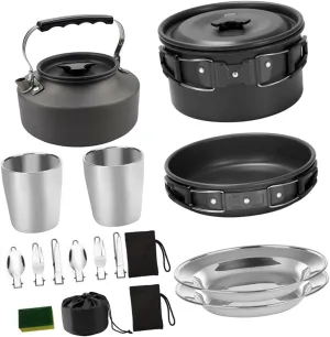 1set Outdoor Package Cook Gadgets Pot Kit Tabletop Camping Pan Pit Grill Portable Kettle Camper Stove Camping Stove Pans Camp Stove Bowl Dinnerware Cutlery Black Aluminum Alloy