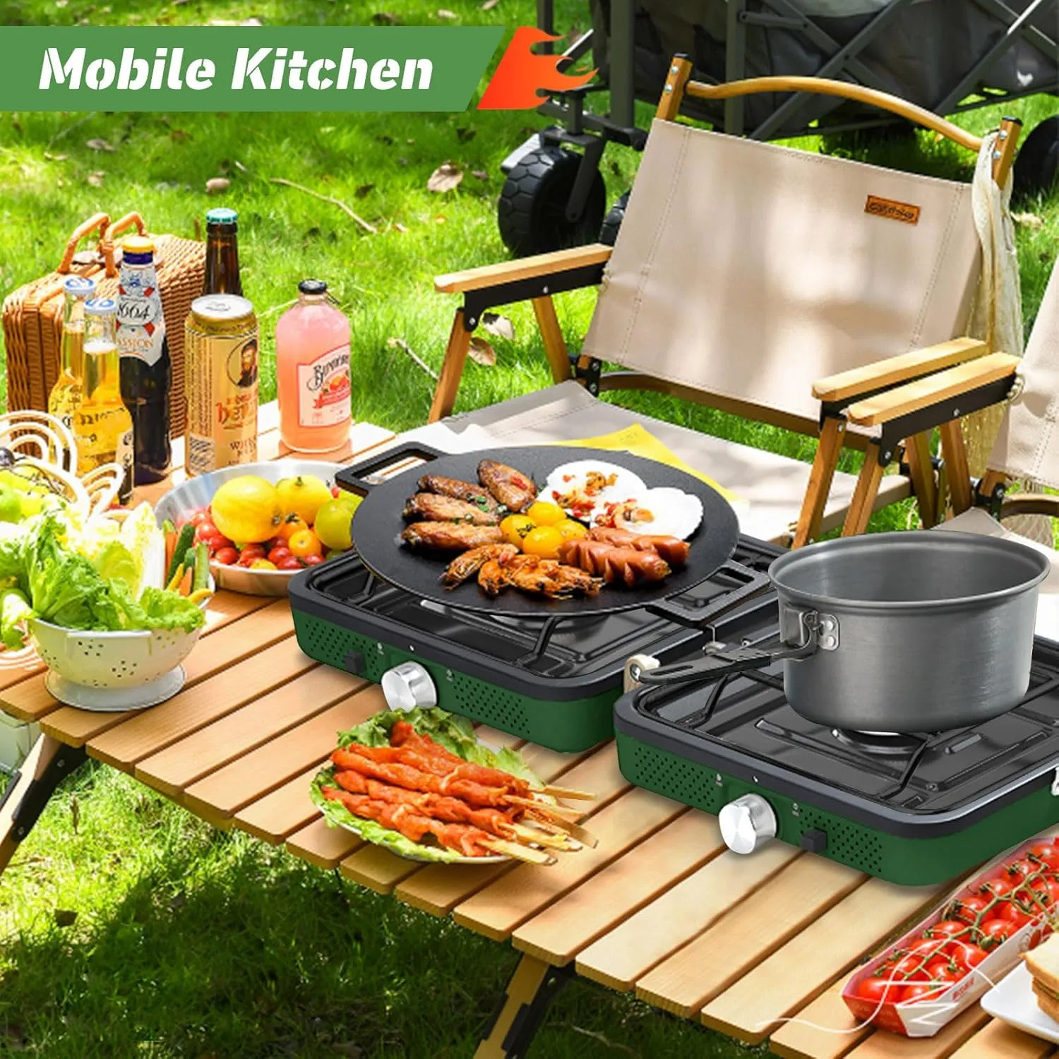 2-Burner Foldable Camping Stove with Griddle and Carrying Bag, Portable Propane Camp Stove with 2 Adjustable Burners & Piezo Ignition for Camping Tailgating Essentials Gear