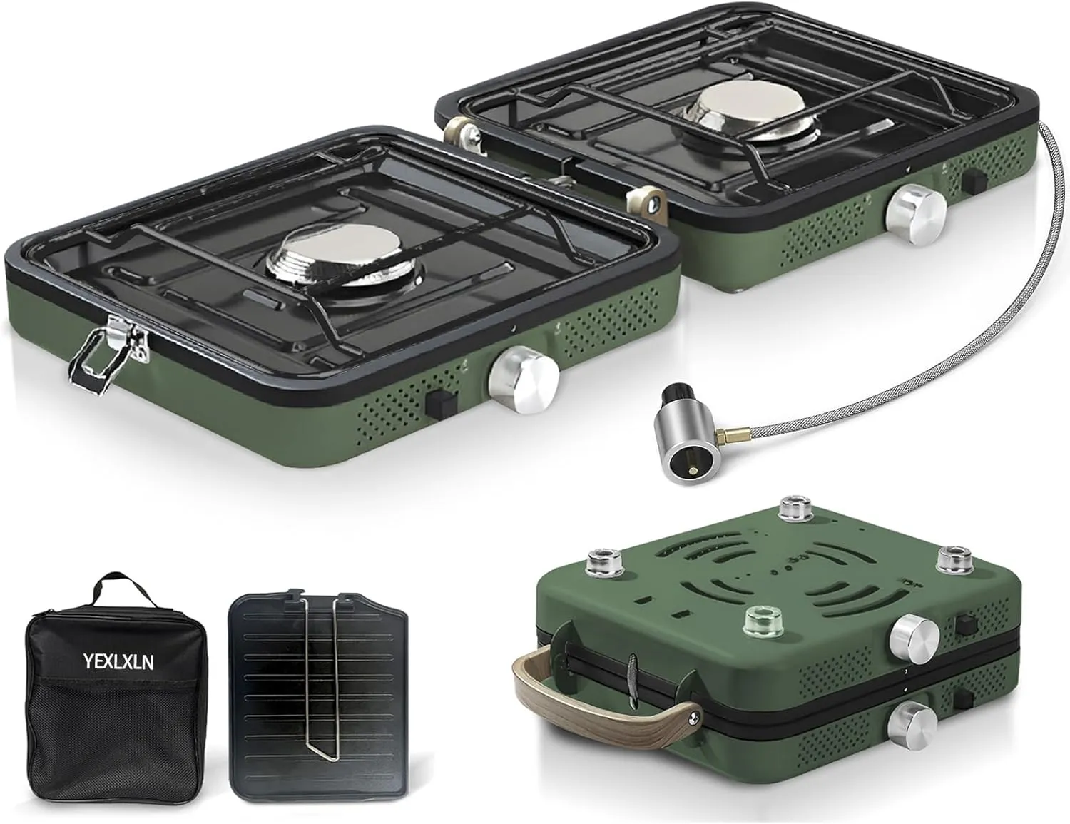 2-Burner Foldable Camping Stove with Griddle and Carrying Bag, Portable Propane Camp Stove with 2 Adjustable Burners & Piezo Ignition for Camping Tailgating Essentials Gear