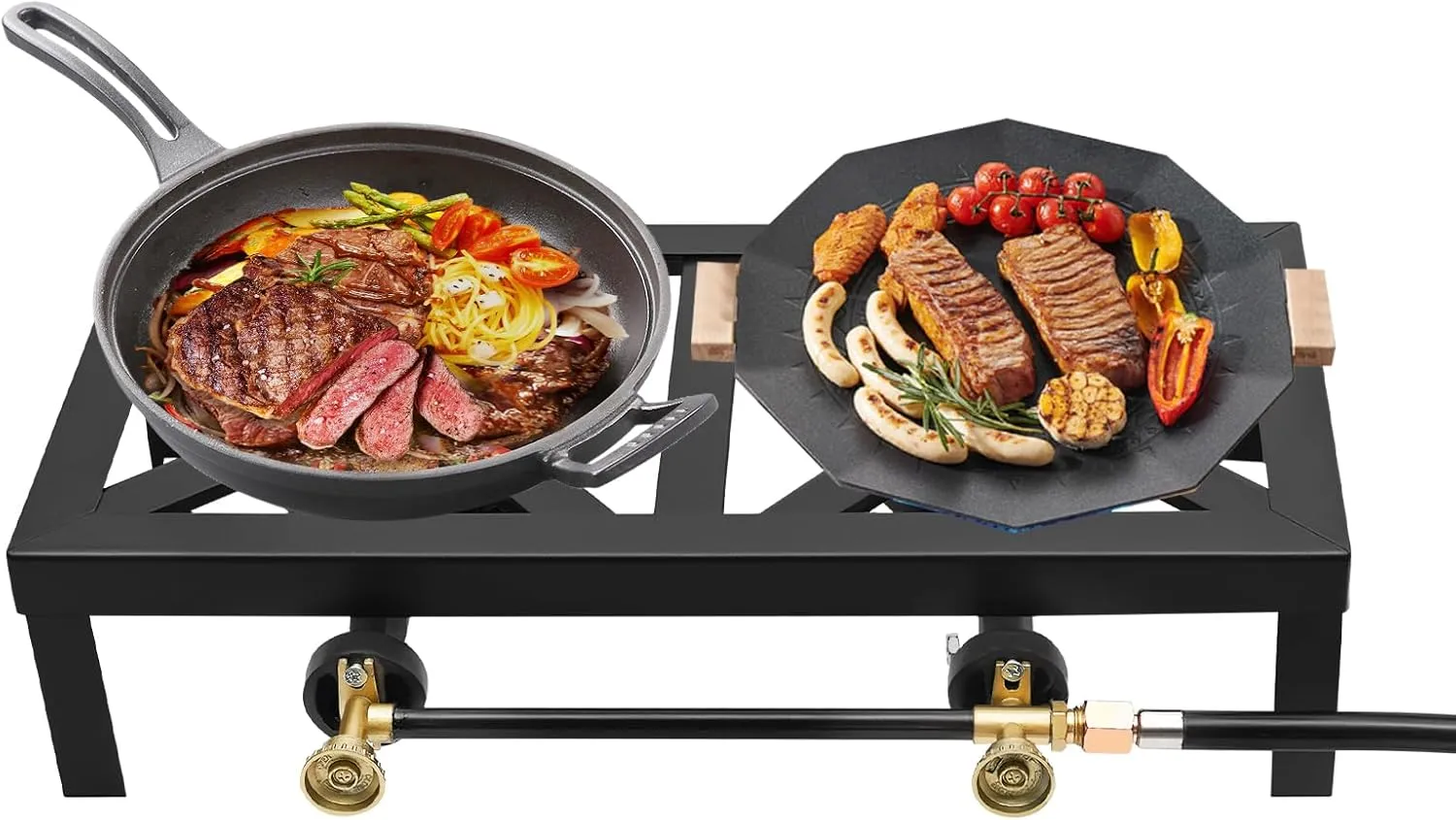 2 Burners Outdoor Propane Burner Gas Stove, 6800W-8000W Outdoor Camp Stove Portable Gas Cooker, Built-in Adjustable 0-10Psi Regulator Hose for Patio Camping BBQ Home Brewing