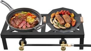 2 Burners Outdoor Propane Burner Gas Stove, 6800W-8000W Outdoor Camp Stove Portable Gas Cooker, Built-in Adjustable 0-10Psi Regulator Hose for Patio Camping BBQ Home Brewing