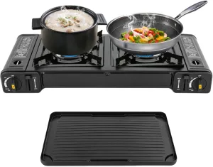 2 Burners Propane Gas Stove, Portable Camping Gas Cooktop with Baking Tray & Carrying Case, Auto Ignition, Control Knobs, Camping Burner LPG for RV, Apartments, Outdoor