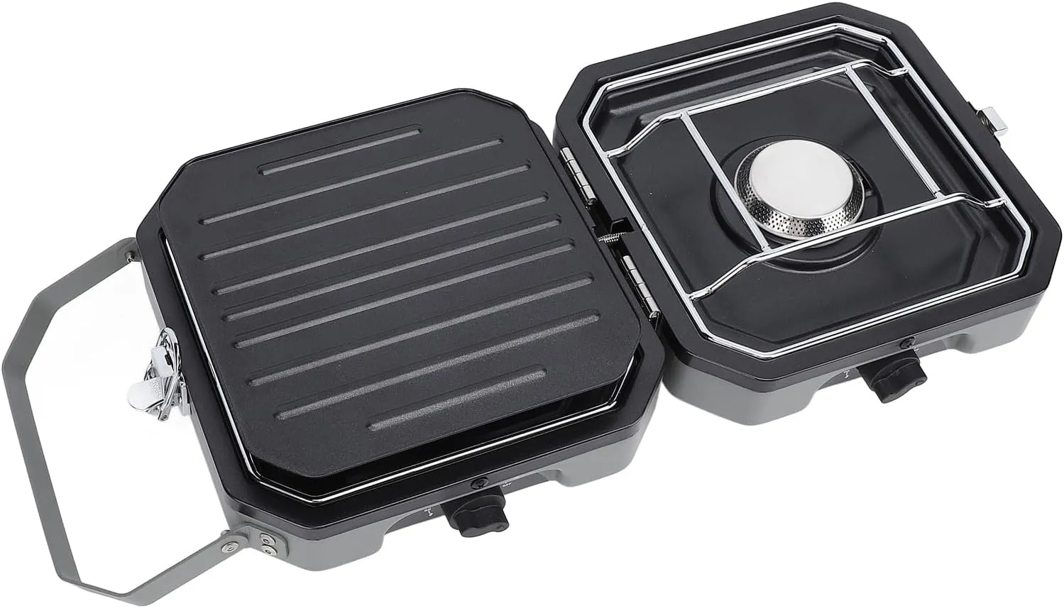 2 Burnerss Folding Camping Stove with Griddle and Frying Pan, Portable Camp Gas Stove with Carrying Handle 2 Adjustable Burnerss Piezo Ignition Compatible with Blend Isobutane Fuel