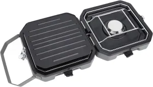 2 Burnerss Folding Camping Stove with Griddle and Frying Pan, Portable Camp Gas Stove with Carrying Handle 2 Adjustable Burnerss Piezo Ignition Compatible with Blend Isobutane Fuel