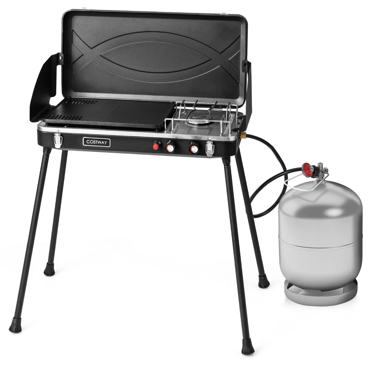 2-in-1 Gas Camping Grill and Stove with Detachable Legs-Black