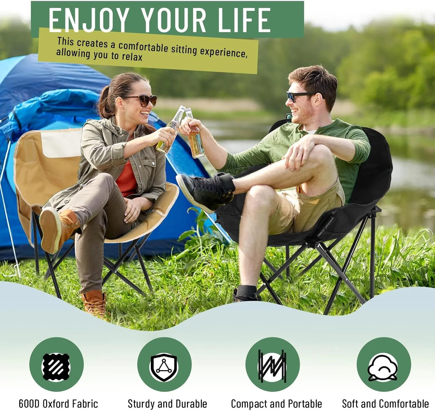 2 Pack Compact Camping Chairs Portable Folding for Outside with Carry Bag Lightweight Moon Chairs for Travel Picnic Hiking Beach Fishing, 600D Oxford, Supports 330lbs(Khaki, Black)