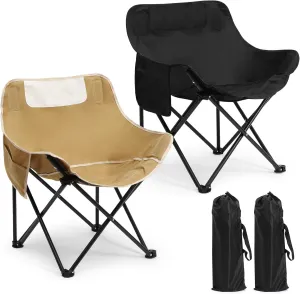 2 Pack Compact Camping Chairs Portable Folding for Outside with Carry Bag Lightweight Moon Chairs for Travel Picnic Hiking Beach Fishing, 600D Oxford, Supports 330lbs(Khaki, Black)