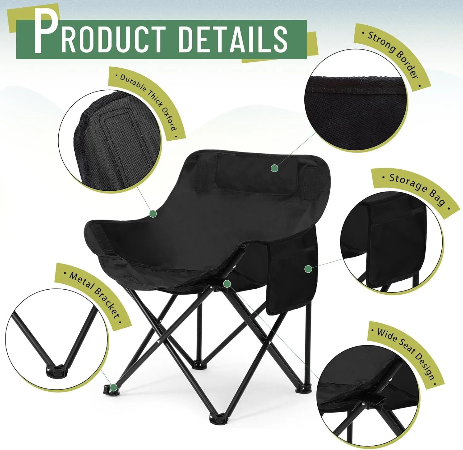 2 Pack Compact Camping Chairs Portable Folding for Outside with Carry Bag Lightweight Moon Chairs for Travel Picnic Hiking Beach Fishing, 600D Oxford, Supports 330lbs(Khaki, Black)