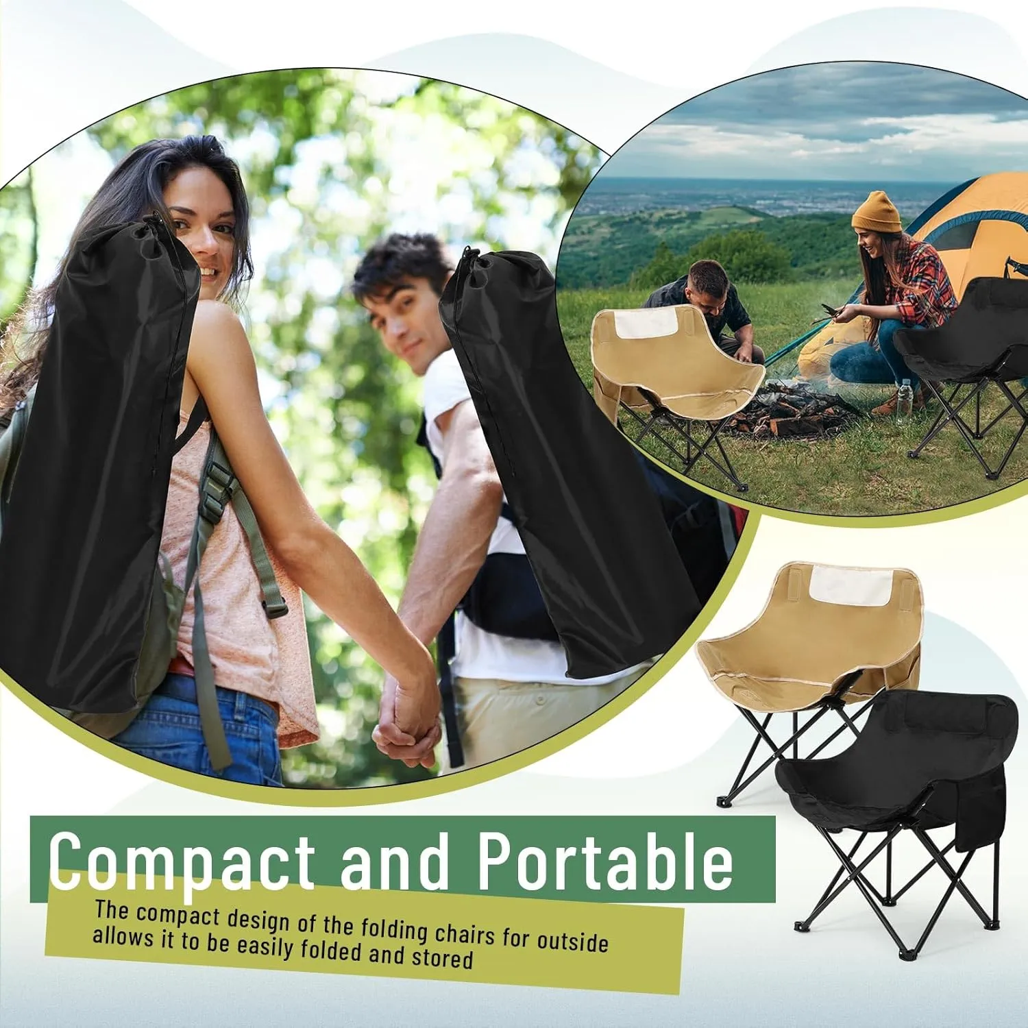 2 Pack Compact Camping Chairs Portable Folding for Outside with Carry Bag Lightweight Moon Chairs for Travel Picnic Hiking Beach Fishing, 600D Oxford, Supports 330lbs(Khaki, Black)