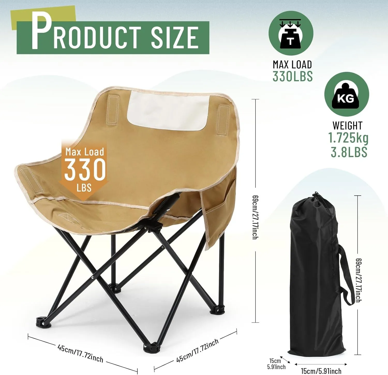 2 Pack Compact Camping Chairs Portable Folding for Outside with Carry Bag Lightweight Moon Chairs for Travel Picnic Hiking Beach Fishing, 600D Oxford, Supports 330lbs(Khaki, Black)