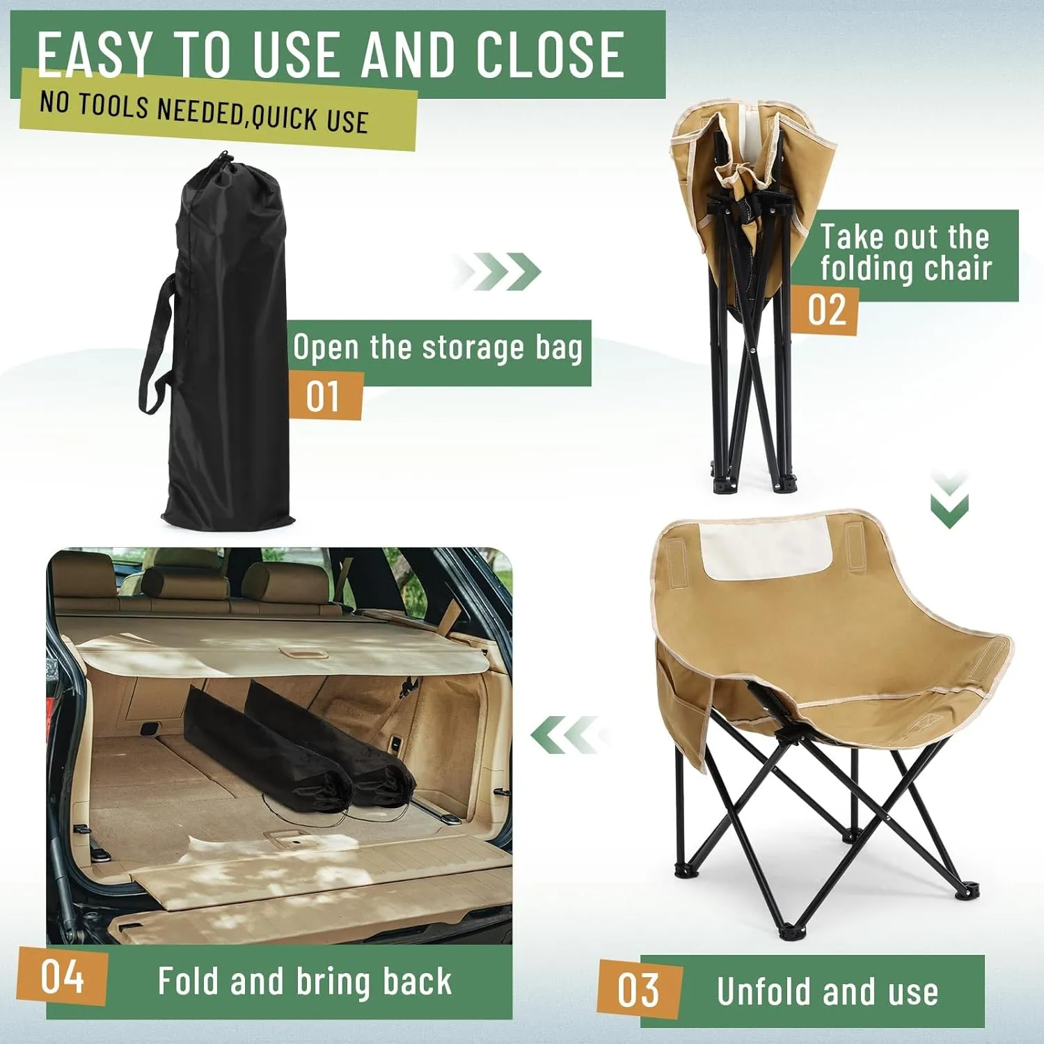 2 Pack Compact Camping Chairs Portable Folding for Outside with Carry Bag Lightweight Moon Chairs for Travel Picnic Hiking Beach Fishing, 600D Oxford, Supports 330lbs(Khaki, Black)