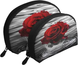 2 Pack Makeup Bag Red Rose Water Flower Cosmetic Bag Organizer Pouches for Women Travel Portable Toiletry Bag With Zipper Makeup Clutch Pouch Set