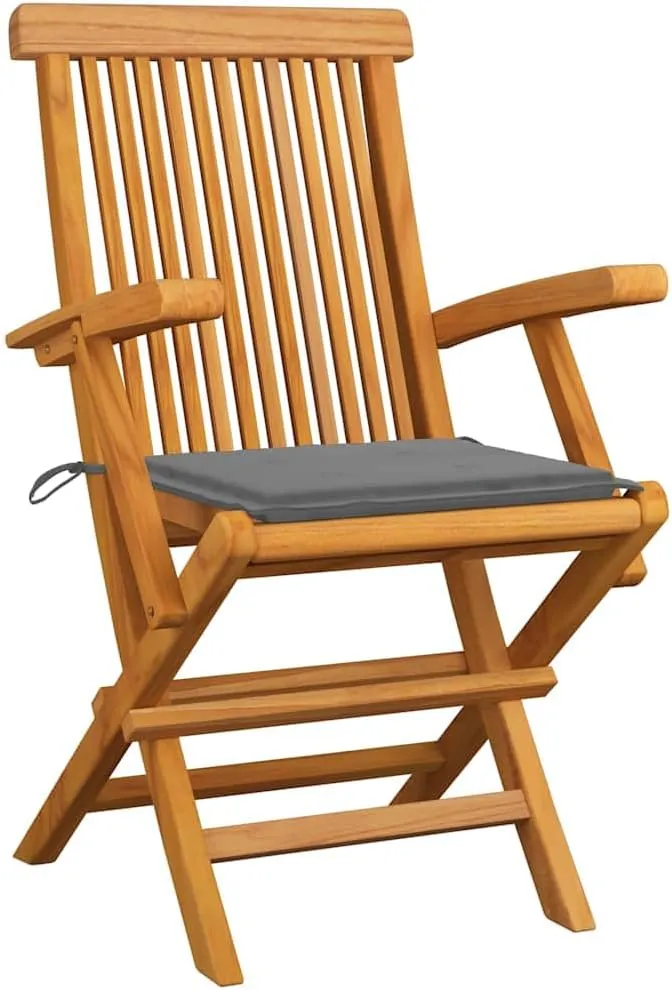 2 Pcs Foldable Patio Chairs with Gray Cushions Solid Teak Wood Outdoor Seating for Garden Terrace Deck Backyard
