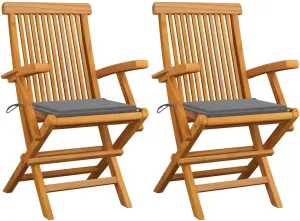 2 Pcs Foldable Patio Chairs with Gray Cushions Solid Teak Wood Outdoor Seating for Garden Terrace Deck Backyard