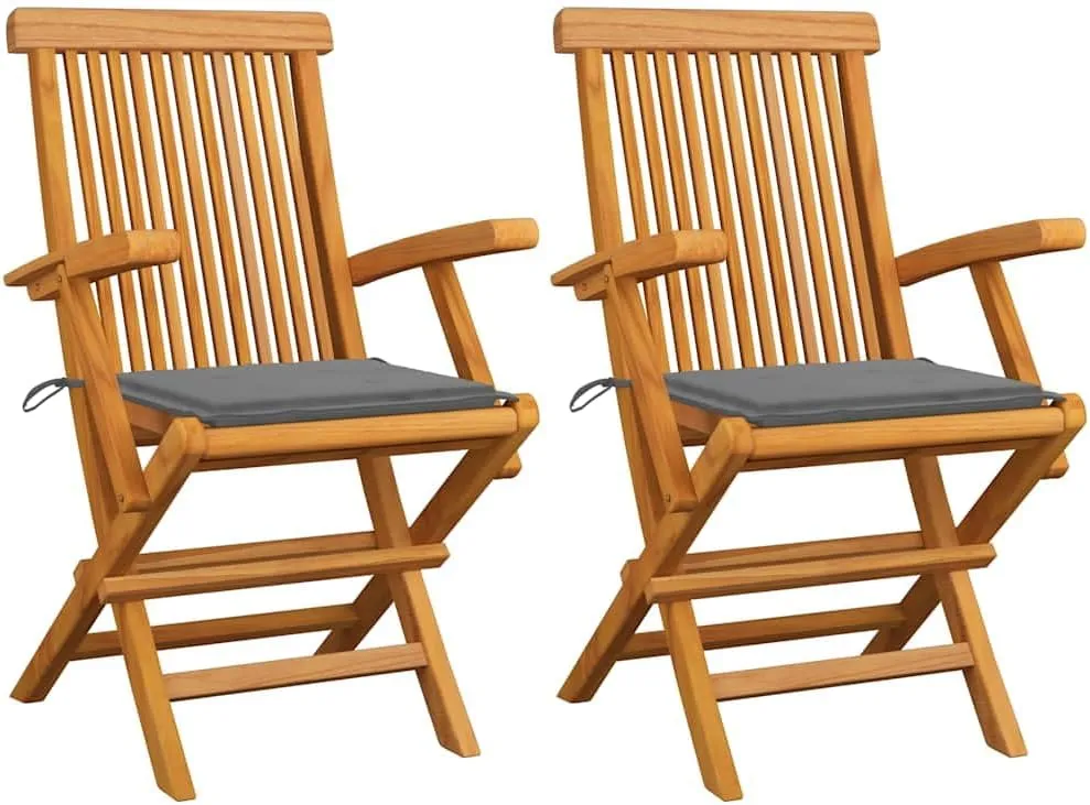 2 Pcs Foldable Patio Chairs with Gray Cushions Solid Teak Wood Outdoor Seating for Garden Terrace Deck Backyard