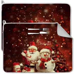 2 Pcs XXL Christmas Dish Drying Mat,Absorbent Microfiber Mats with Santa Claus Snowman Pattern,Large 24 x 17" Dishes Drainer Pad for Xmas Decoration,Winter Festival,Kitchen Counter,Coffee Countertops